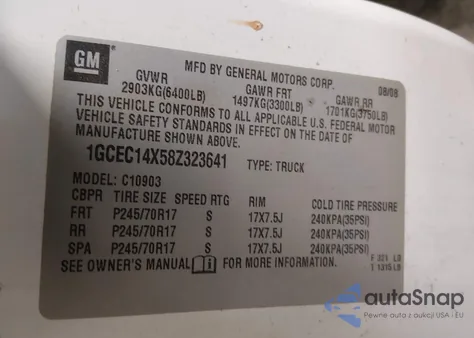 2008 Chevrolet Silverado 1500 Work Truck from USA, damaged, VIN 1GCEC14X58Z323641